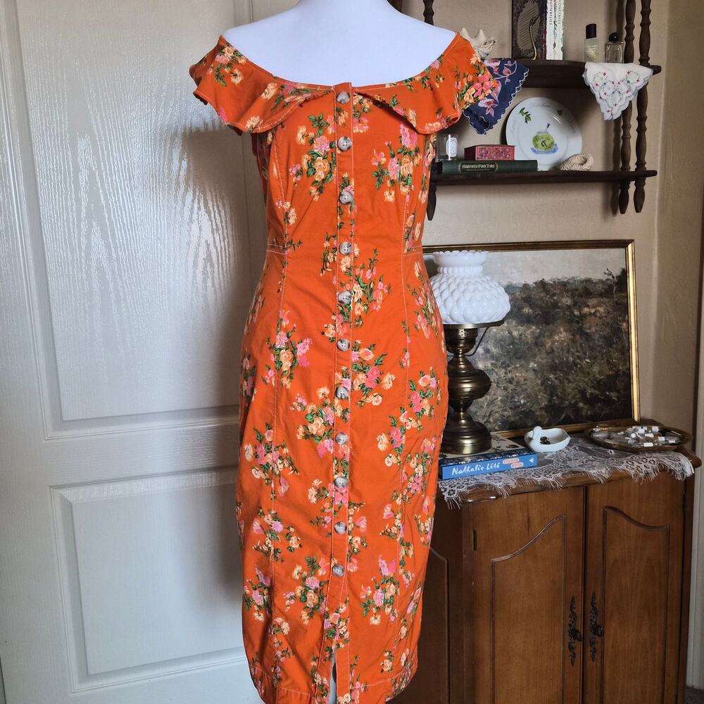 Anthropologie Off Shoulder Floral Midi Dress Orange Button Front Womens S